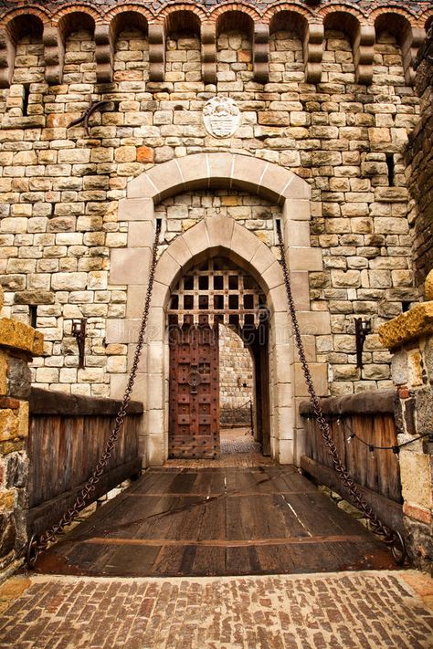 Drawbridge to Castle Door. A wooden drawbridge with chains leads to wooden doors , #AD, #wooden, #drawbridge, #chains, #Drawbridge, #Castle #ad Metal Gate Entrance, Castle Drawbridge, Midevil Castle, Gate Entrance, Castle Doors, Amazing Backyard, Tree House Plans, Castle Gate, Metal Gate