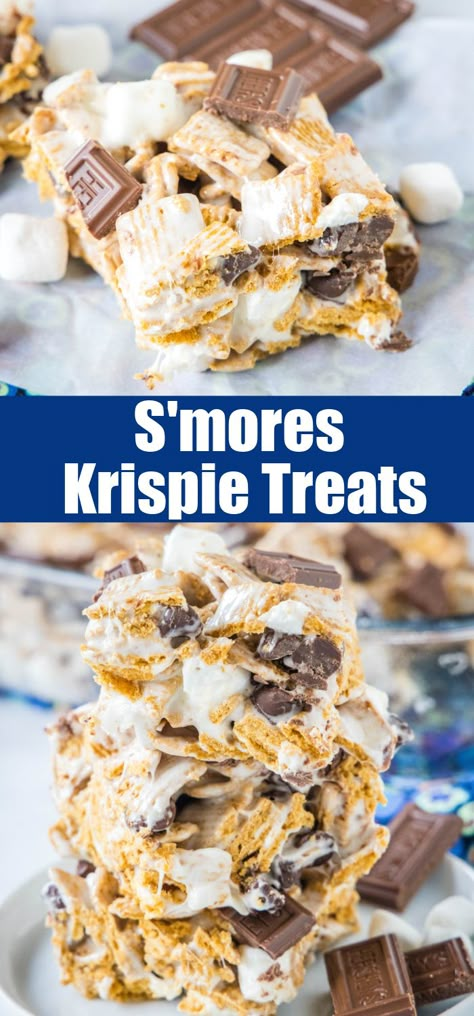 These S'mores Rice Krispie Treats are a fun twist on a classic using Golden Grahams cereal, plenty of marshmallows and of course chocolate! S’mores Rice Krispie Treats Recipe, Smores Rice Krispies, Smores Krispie Treats, S’mores Rice Crispy Treats Recipes, S’mores Rice Krispy Treats Ideas, Smores Rice Krispie Treats, S’mores Rice Krispie Treats, Rice Krispy Recipes Ideas, Smores Rice Crispy Treats