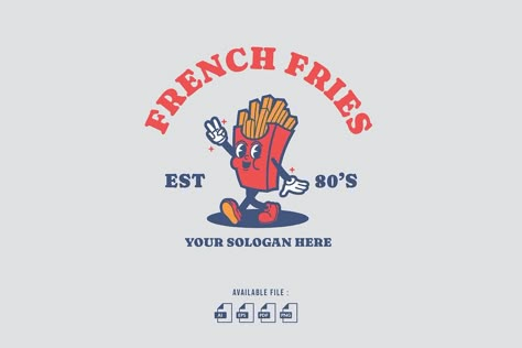 French Fries Retro Cartoon Logo French Fry Illustration, French Fries Logo, French Fries Illustration, Fries Logo, Fries Illustration, Fries Cartoon, Diner Branding, Fast Food Logo, Vintage Mascot