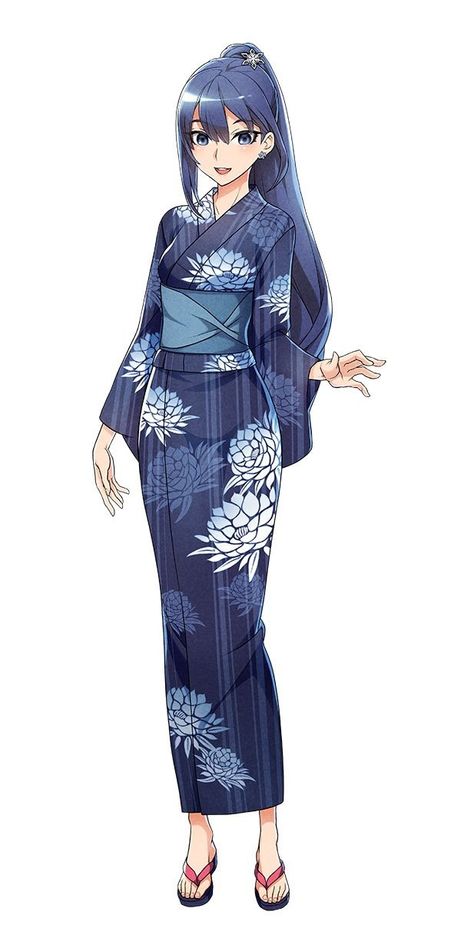 Japanese Traditional Clothing Anime, Blue Kimono Traditional, Kimono Outfit Anime, Anime Kimono Outfit, Kimono Outfit Drawing, Blue Kimono Outfit, Yukata Drawing, Anime Kimono Design, Yukata Female