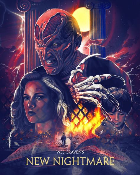 Wes Craven’s New Nightmare (1994) | Poster art by Laz Marquez Wes Craven's New Nightmare, Classic Horror Movies Posters, Dream Warriors, Wes Craven, New Nightmare, Nightmares Art, Horror Pictures, New Line Cinema, Horror Artwork