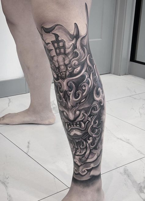 Samurai Tattoo On Leg, Asian Leg Tattoo, Leg Sleeve Tattoo Men Full Ideas, Ashura Tattoo Design, Japanese Leg Tattoo Men, Japanese Shin Tattoo, Asian Leg Sleeve Tattoo, Leg Tattoo Men Japanese Style, Japanese Dragon Leg Tattoo