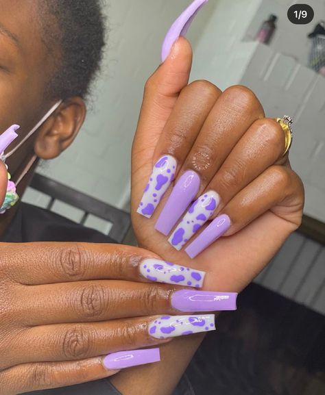 Trending Acrylic Nails 2022, Zoom Pfp, Trending Acrylic Nails, Nail Aesthetics, Cow Print Nails, Choice Board, Purple Acrylic Nails, Purple Nail Designs, Bling Wallpaper