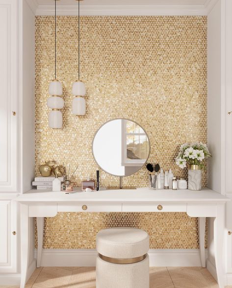 Amp up your space with Gold Tiles from Tile Club! From golden glass to brass inlay and marble we have something for every budget and taste. Swipe through and tell us which tile is your favorite! Gold Tiles, Mosaic Tile Sheets, Room Accent Wall, Gold Tile, Penny Round Tiles, Round Tiles, Gold Fixtures, Gold Triangle, Room Tiles