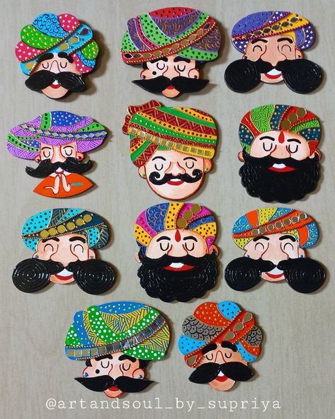 Turban Man Drawing, Fridge Magnets Handpainted, Rajasthani Turban Man Art, Rajasthani Turban Man Drawing, Rajasthani Wall Decor Diy, Fridge Magnets Design, Rajasthani Craft Handmade, Rajasthani Welcome Board, Hand Painted Fridge Magnets