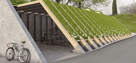 Bike Parking Garage, Sustainable Parking Lot, Bike Shelter Architecture, Bike Storage Architecture, Architecture In Landscape, Bike Parking Architecture, Urban Design Park, Industrial Park Design, Parking Ideas Architecture