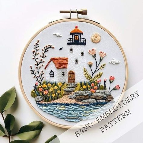 Lighthouse Embroidery, Goth Embroidery, Hand Embroidery Patterns Free, Embroidery Sampler, Embroidery Template, Hand Embroidery Projects, Brazilian Embroidery, Embroidery Patterns Free, Hand Embroidery Art