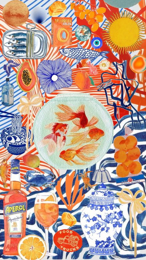 Blue Orange Aesthetic, Orange Collage, Fruit Collage, Maximalist Wallpaper, Collage Moodboard, Moodboard Collage, Fruit Wallpaper, Iphone Backgrounds, Blue Poster