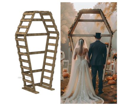 The perfect arch for your halloween wedding! NOTE: When you purchase you will receive two PDFS, one is to build the 8 foot tall coffin arch, and the other is to build the 10 foot tall arch. Both are included! ⚰️Wedding Coffin Arch Plans ⚰️ Embrace the Spooky in Your Love Story with this coffin wedding arch! These plans will show you step by step how to build an 8 or 10 foot tall coffin arch for your wedding! I built these plans to show how easy it is to have something TRULY unique at your weddin Goth Wedding Arch, Wedding Arch Alternative, Witchy Wedding, Wedding Settings, Halloween Weddings, Halloween Wedding Invitations, Halloween Themed Wedding, Flowers Vines, Earthy Wedding