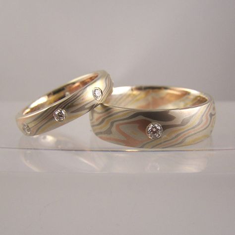 His And Hers Wedding Rings, Hers Wedding Rings, His And Her Wedding Rings, Mokume Gane Ring, Gents Ring, Mokume Gane, Diamond Set, Stone Settings, Brilliant Cut Diamond