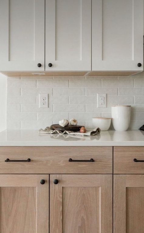 Natural Wood Bottom Kitchen Cabinets, Kitchen Neutral Cabinets, Light Stained Wood Cabinets, Grey Washed Cabinets, Gray Subway Tile Kitchen Wood Cabinets, Natural Wood Base Cabinets White Uppers, White Cabinets Kitchen With Quartz Countertops, Timeless Small Kitchen Design, Natural Shaker Cabinets