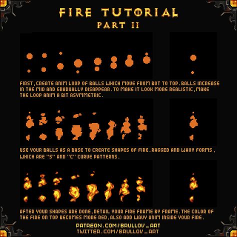 Official Post from Brullov: Finally, managed to create this tutorial. It's really hard to explain things which you know how to draw in a good way, so people can study easly. Hope you will like this tutorial and it will be useful for you! How To Pixel Art, Fire Animation, Magic Effects, Piskel Art, Pixel Characters, Pixel Animation, Pixel Art Tutorial, How To Study, 2d Game Art