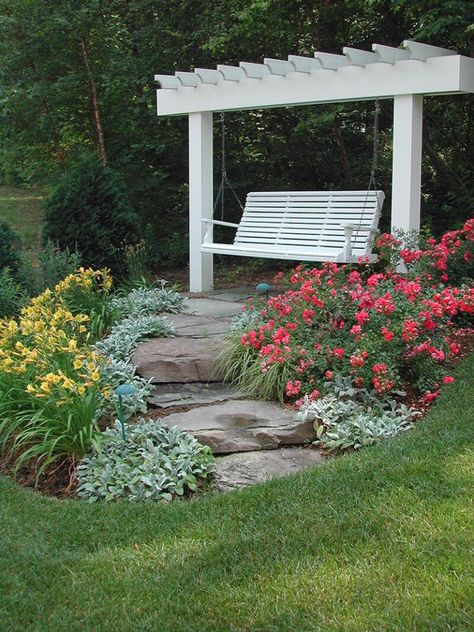 Cheap Landscaping Ideas, Garden Swing Seat, Rock Garden Landscaping, Dry Creek, Landscape Designs, Have Inspiration, Landscape Plans, The Secret Garden, Pergola Patio