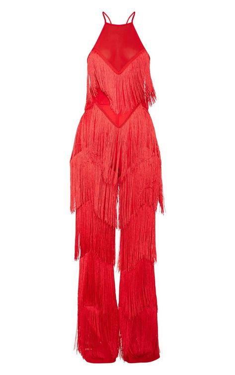 Fringe Jumpsuit Outfit, Pocahontas Video, Fringes Fashion, Fringe Outfits, Celine Clothes, Fringe Jumpsuit, Flare Leg Jumpsuit, Long Sleeve Playsuit, Red Fringe