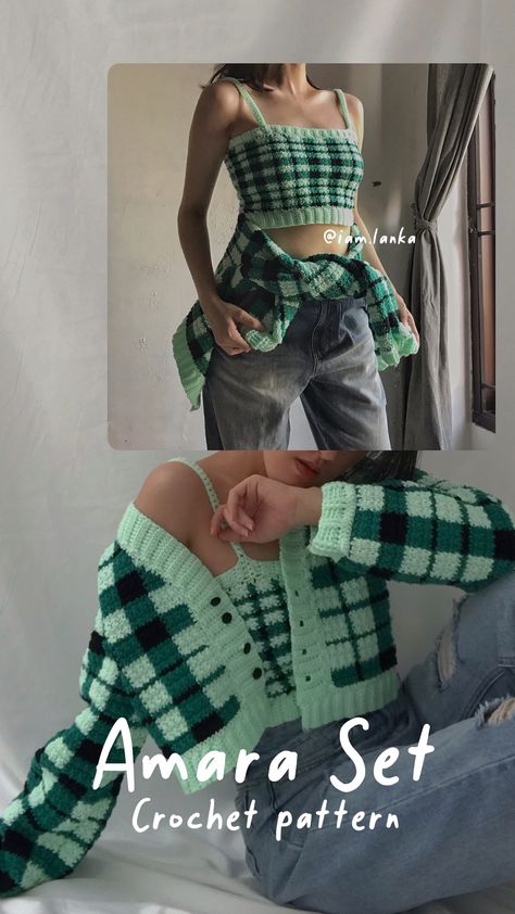 Amara Set Crochet Pattern #crochet #crochettop #crochetcardigan #crochetset #plaids #crochetgingham #crochetpattern Crochet Plaid Cardigan, Crochet Set Outfit Pattern, Crochet Checked Pattern, Crochet Plaid Skirt, Crochet Grid Sweater, Crochet Pajama Set Pattern, Crochet Patterns Clothes, Crochet Gingham, Gingham Crochet