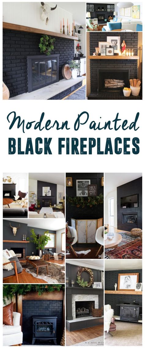 Black Fireplaces, Black Fireplace Mantel, Black Fireplace Surround, Black Brick Fireplace, Wood Mantle Fireplace, White Brick Fireplace, Painted Brick Fireplace, Painted Brick Fireplaces, Paint Fireplace