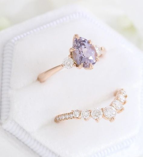 Lavender Sapphire Engagement Ring, Lavender Sapphire, Purple Sapphire Ring, Diamond Alternative Engagement Ring, 3 Stone Diamond Ring, Rings Sets, Cute Engagement Rings, Pear Ring, Purple Rings