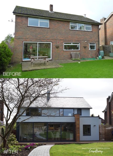 Before and after shots of a home transformation. Before shot shows a traditional. boxy house in brown brick. After shot shows extended house with bi-fold doors, white render finish, new windows and landscaped back garden. 1970 House Remodel, 1970s House Renovation, 70s House Exterior, 1960s House Renovation, Rendered Houses, 60s House, 1970s House, Exterior House Renovation, 1960s House