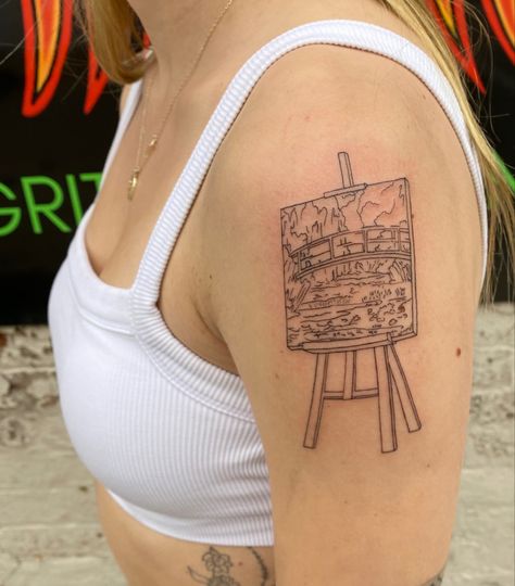 Monet Paintings Tattoo, Paintings As Tattoos, Blank Easel Tattoo, Artist Themed Tattoos, Tattoo Of Painting, Tattoos Inspired By Paintings, Claude Monet Tattoos, Claude Monet Tattoo Black And White, Monet Tattoo Black And White