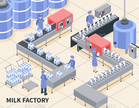 Milk Factory Illustration Process of milk packing on factory 3d isometric vector illustration #Milk, #Factory, #Illustration Factory Illustration, Factory Icon, Milk Factory, Cheese Factory, Illustration Process, 3d Isometric, Isometric Art, Milk Production, Isometric Design