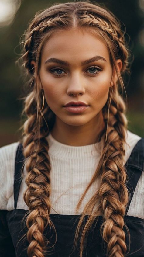 White Girl Braided Hairstyles, State Fair Hairstyles, Braids For Photoshoot, Braids In Hair Down, Fairy Hair Braids, Native Braids Hairstyles, Western Braids Hairstyles, Renfest Hair, Cute Hairstyles For Long Hair With Bangs