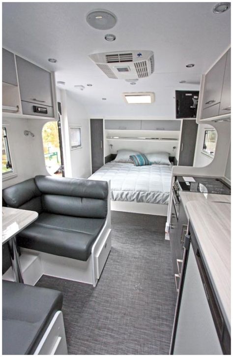 Grey And White Caravan Interior, Rv Remodeling, Caravan Makeover, Touring Caravan, Caravan Renovation, Caravan Interior, Campervan Interior, Camper Makeover, Van Living