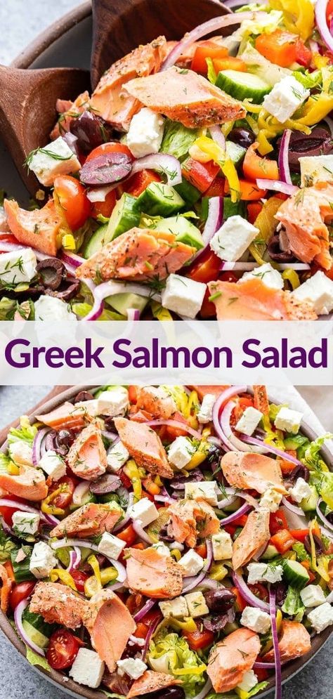 This Greek salmon salad is bursting with Mediterranean flavors! Romaine lettuce is topped with fresh veggies, feta, Kalamata olives, and seasoned baked salmon. Toss it in a zesty Greek vinaigrette and enjoy this hearty main dish salad! #greeksalad #salmon #salmonsalad #greeksalmon #mediterraneandiet #mediterraneansalad #healthysalad #healthyrecipes #healthydinner #greekrecipes Savory Potato Salad, Greek Salmon, Greek Vinaigrette, Sea Food Salad Recipes, Salmon Salad Recipes, Delicious Seafood Recipes, Superfood Salad, Salmon Dinner, Homemade Salads