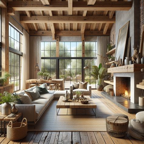 The walls should be covered in beautiful reclaimed wood, with large, picture windows showcasing greenery outside. The space should have exposed beams and a brick fireplace to add a cozy feel. Furniture should be contemporary but comfortable, done in natural tones and fabrics. Woven baskets, metal accents, and vintage artifacts should be placed strategically around the room. The overall vibe should be warm, inviting, and stylish, serving as inspiration for a remodel. Rustic Elegance Interior Design, Elegance Interior Design, Cozy Living Room Inspiration, Mountain Chic, Elegant Interior Design, Timeless Decor, Rustic Contemporary, Chic Living Room, Chic Living