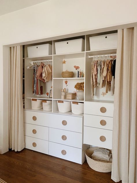 the nursery closet - almost makes perfect Built In Closet For Nursery, Nursery With Open Closet, Nursery Closet With Curtains, Closet Doors Removed, Removing Closet Sliding Doors, Nursery Closet Doors Removed, Nursery With Tall Dresser, Nursery Ideas No Closet, Reach In Closet Nursery