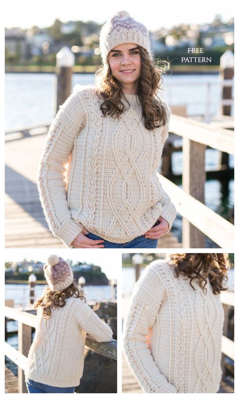 Cable Stitch Sweater Free Crochet Patterns - DIY Magazine Fisherman Sweater Crochet Pattern, Fuzzy Crochet Sweater, Crochet Fisherman Sweater, Cable Sweater Pattern Free, Cable Knit Sweater Pattern Free, Crochet Cables Pattern, Cable Sweater Pattern, Womens Patterns, Cable Knit Sweater Pattern