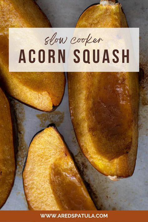 Acorn squash on a baking sheet. Acorn Squash Slow Cooker, Acorn Squash In Crockpot, Crockpot Acorn Squash, Slow Cooker Acorn Squash, Vegan Acorn Squash Recipes, Garlic Brussel Sprouts, Acorn Squash Recipes, Protein Salad, Butter Honey