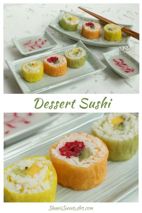 Dessert sushi recipe with fresh fruit with a salty sweet coconut cream dipping sauce.  Made with Basmati rice and coconut milk.  #dessertsushi #fruitsushi #dessertrecipe via @shanissweetart Sweet Coconut Rice, Sushi Dessert, Sweet Sushi, Fruit Sushi, Candy Sushi, Sushi Recipes Homemade, Dessert Sushi, Sushi Roll Recipes, Sushi Recipe