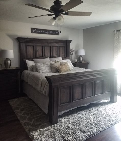 Farmhouse bedroom Farmhouse Bedroom Dark Floors, Farmhouse Bedroom Dark Wood, Odd Shaped Bedroom, Bedding For Dark Wood Bed Farmhouse, Farmhouse Home Decor Ideas, Light Grey Bedroom Ideas, Modern Farmhouse Bedroom With Grey Tuffed Bed Frame, White Room Decor Bedroom, Master Rustic Bedroom Ideas