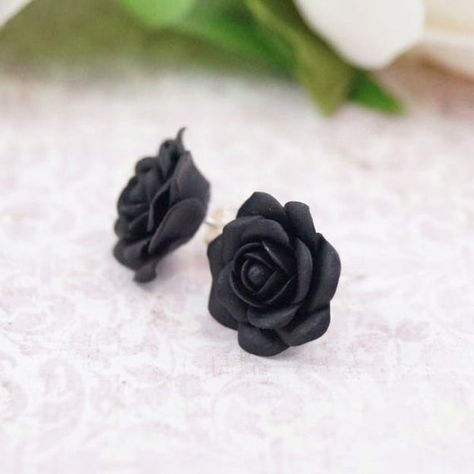 Dough Jewelry, Sterling Silver Flower Earrings, Small Roses, Black Studs, Earrings Gothic, Rose Stud Earrings, Earrings Polymer, Gothic Earrings, Ear Earrings