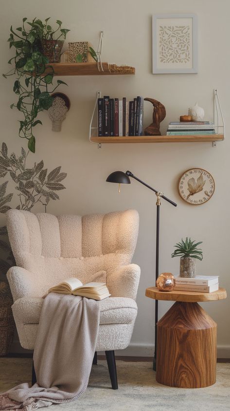 Create the ultimate cozy corner with these 15 comfy nook essentials. Whether you're designing a reading nook, a quiet relaxation space, or a snug corner for coffee, these essentials will bring comfort and style to your nook. Cosy Nooks Ideas, Snug Design Ideas, Small Corner Lounge Ideas, Corner Room Chair Ideas, Bedroom Window Chair Ideas, Primary Bedroom Reading Corner, Lounge Room Corner Ideas, Nook Area Ideas Spaces, Ideas For Corner Of Living Room