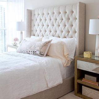 Neutral tufted wingback headboard... Perfect for dozing off after a long day! via @styleathome / #instacurated White Upholstered Bedroom Ideas, Tufted Headboard Bedroom, Headboard Bedroom, Upholstered Bedroom, Neutral Bedrooms, Bedroom Updates, Transitional Bedroom, White Linen Bedding, Room Deco