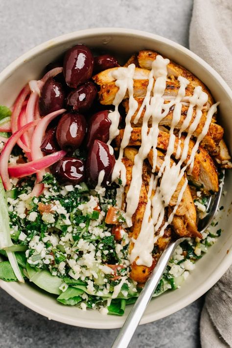 Chicken Shawarma Bowl (Whole30, Meal Prep) | Our Salty Kitchen Gain Weight Meals, Gain Weight Recipes, 700 Calorie Meals, Chicken Shawarma Bowl, Oat Bran Cereal, Shawarma Bowl, Savory Food Recipes, Cauliflower Tabbouleh, Chicken Greek