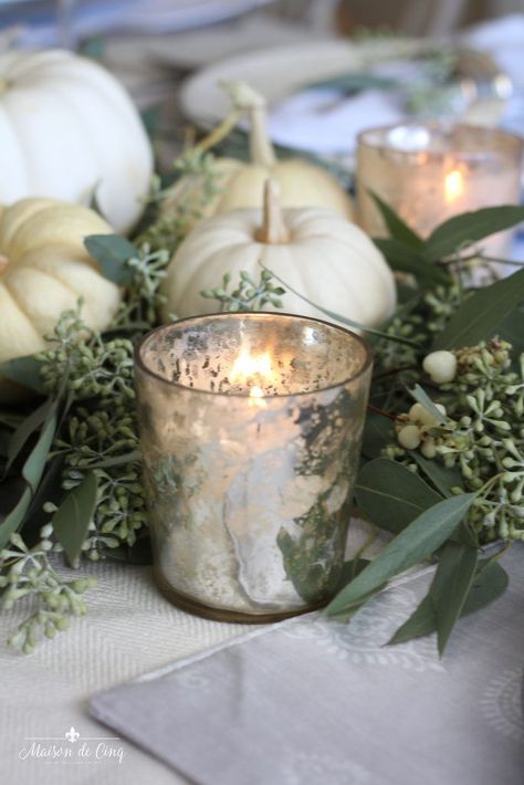 Neutral Fall Table with White Pumpkins and Eucalyptus---> #maisondecinq #tablescape #falltable #falltablescape #falltablesetting #tablesetting #thanksgivingtable #thanksgivingtablesetting #thanksgivingtablescape #tablesettingideas #fallentertaining #thanksgivingideas #whitepumpkins White Pumpkins And Eucalyptus, Eucalyptus And Pumpkin Centerpiece, White Pumpkins Wedding, Pumpkin Centerpieces Wedding, White Pumpkin Centerpieces, Pumpkin Table Decorations, Winter Tablescapes, Pumpkin Wedding, Fall Dinner Party