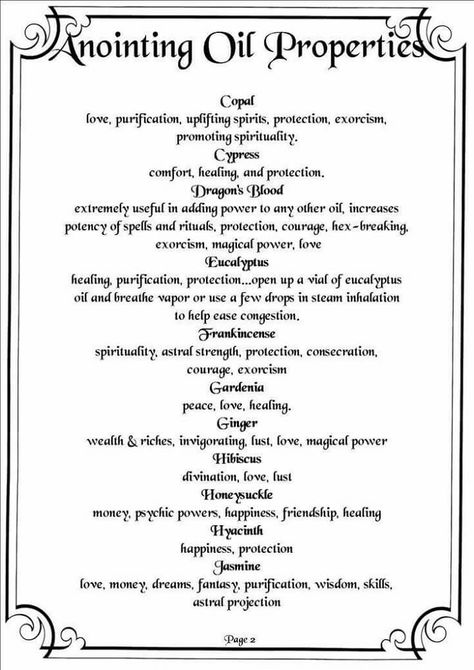 Anointing Oil Properties pg. 2 Magick Oil, Book Of Shadows Pages, Anointing Oil, Magick Spells, Candle Magick, Wiccan Spell Book, Wicca Witchcraft, Herbal Magic, Printable Books