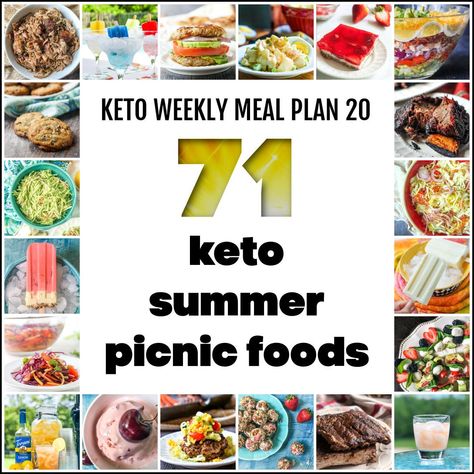 Memorial Day is around the corner and so I have 71 keto picnic food recipes for your summer parties in this week's meal plan 20. There is a wide variety of salads from potato to faux linguine salad as well as burgers, bbq, pulled meats, keto drinks and desserts. Keto Picnic Food, Keto Picnic Food Ideas, Summer Party Salads, Keto Picnic, Foods For Summer, Best Picnic Food, Picnic Food Ideas, Healthy Picnic, Summer Picnic Food