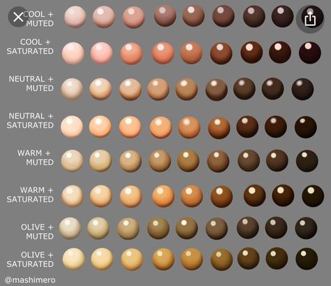 Skin Tones Reference, Different Skin Tones Art, Art Skin Tones, Skin Tone Reference Chart, Skin Tone Chart Color Palettes, Skin Undertones Drawing, Skin Tone Chart Art, Light Olive Skin Tone Color Palettes, Skin Tones Drawing