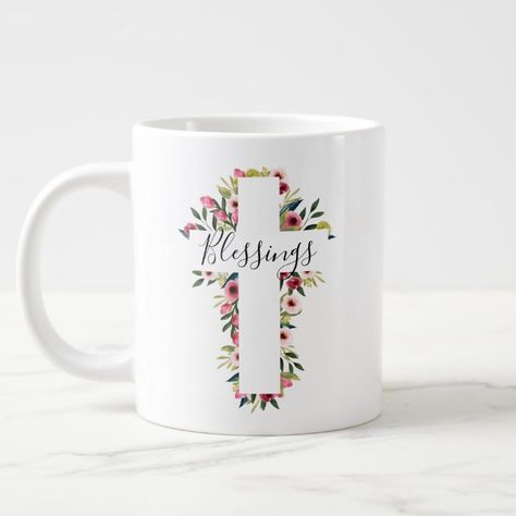 Blessings Floral Watercolor Religious Cross Giant Coffee Mug - Easter Mugs Easter Mugs, Easter Mug, Hand Painted Mugs, Idea For Christmas, Painted Cups, Painted Mugs, Religious Cross, Mug Art, Floral Cross