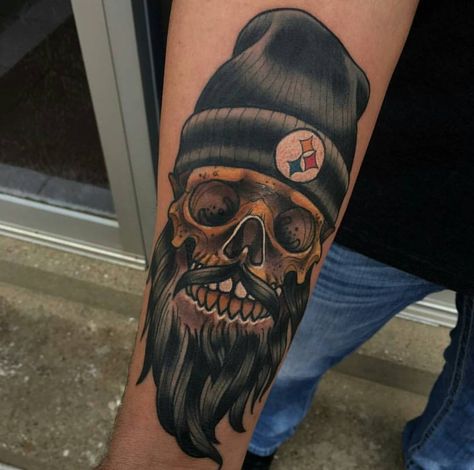 Pittsburgh Steelers Tattoo, Bearded Skull Tattoo, Steelers Tattoos, Skull Beard, Pittsburgh Sports, Fairy Tattoo, Steeler Nation, Steelers Football, Wrist Tattoos