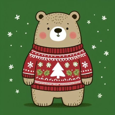 Christmas Bear Illustration, Cute Christmas Bear, Baby Animal Drawings, Bear Drawing, Bear Illustration, Homemade Christmas Cards, Wood Christmas Ornaments, Christmas Bear, Art Drawings For Kids