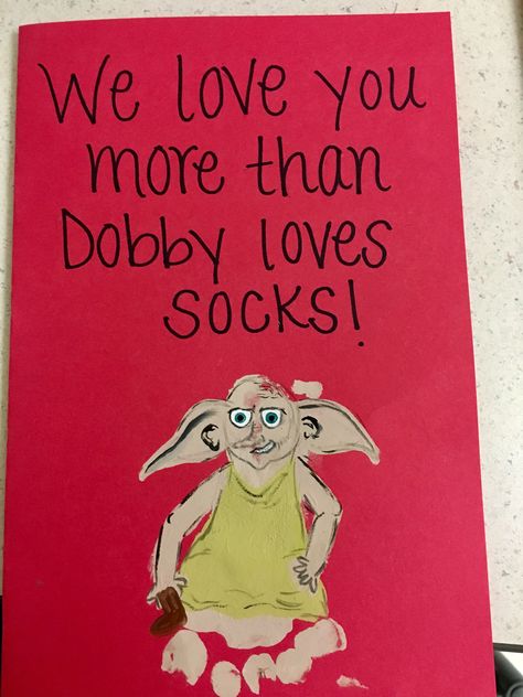 Dobby/Harry Potter card "I love you more than Dobby loves socks!" ~Footprint craft Polar Bear Footprint Craft, Infant Projects, Harry Potter Card, Nicu Crafts, Baby Footprint Crafts, Dobby Harry, Baby Art Crafts, Infant Art, Toddler Projects