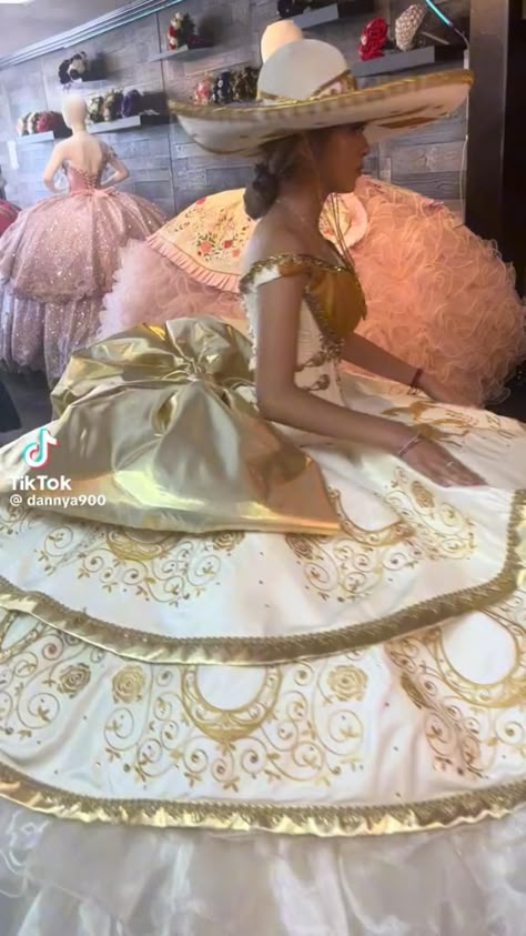 Qenseñera Dresses, 15 Dresses Quinceanera Mexican, Quince Charro Dresses, White And Gold Quince, Charro Theme Quinceanera, Mariachi Quinceanera Dress, Quince Fits, Beauty And The Beast Quinceanera, Forest Quinceanera Theme