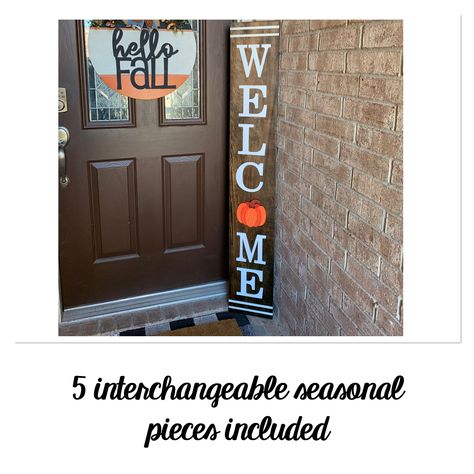 "5' Interchangeable Tall Welcome Sign for Front Porch, Tall Welcome Sign for Front Door, Rustic Wooden Welcome Sign for Farmhouse Decoration *Listing for 5 foot board and 5 interchangeable pieces included *The board is solid stainable pine. *5 pieces interchangeable holiday/seasonal pieces included. * There are 10 holiday/seasonal pieces to choose from. * This interchangeable welcome sign for front door porch is the perfect welcome front door sign for all seasons. * DIMENSIONS - 59\" tall and 9. Tall Welcome Sign, Interchangeable Welcome Sign, Welcome Sign Front Door, Sign For Front Door, Welcome Signs Front Door, Wood Wreath, Wooden Welcome Signs, Front Door Porch, Porch Welcome Sign