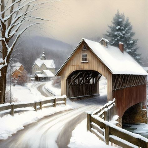 Covered Bridge Painting, Farm Scene Painting, Vermont Art, Snowy Pictures, Winter Pics, Water Wheels, Vermont Fall, Sunset Canvas Painting, Old Cabins