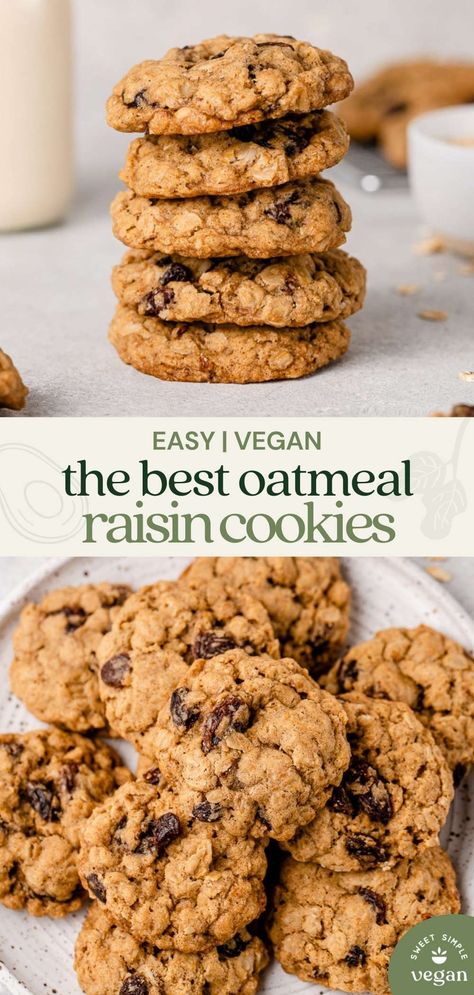 Vegan Oatmeal Raisin Cookies, Best Oatmeal Raisin Cookies, Raisin Cookie Recipe, Vegan Oatmeal Cookies, Vegan Oatmeal, Oatmeal Raisin Cookies, Raisin Cookies, Oatmeal Raisin, Vegan Dessert Recipes