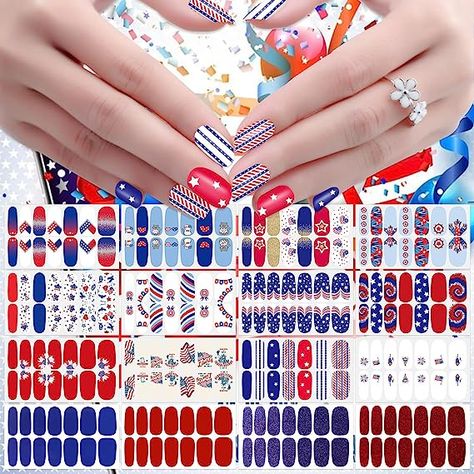 JERCLITY 224 Pieces 16 Sheets Independence Day Nail Polish Strips Patriotic American Flag Nail Wraps Nail Art Stickers 4th of July Self-Adhesive Solid Color Nail Decals Manicure for Memorial Day American Flag Nails, 4th Of July Nail, Independence Day Theme, Flag Nails, Solid Color Nails, Nail Polish Stickers, 4th Of July Nails, July Nails, Nail Polish Strips